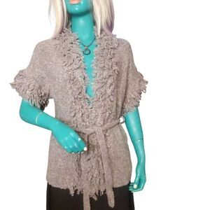 Vertical Design Women’s Gray Fringe Knit Cardigan Sweater Short Sleeve Open Fron